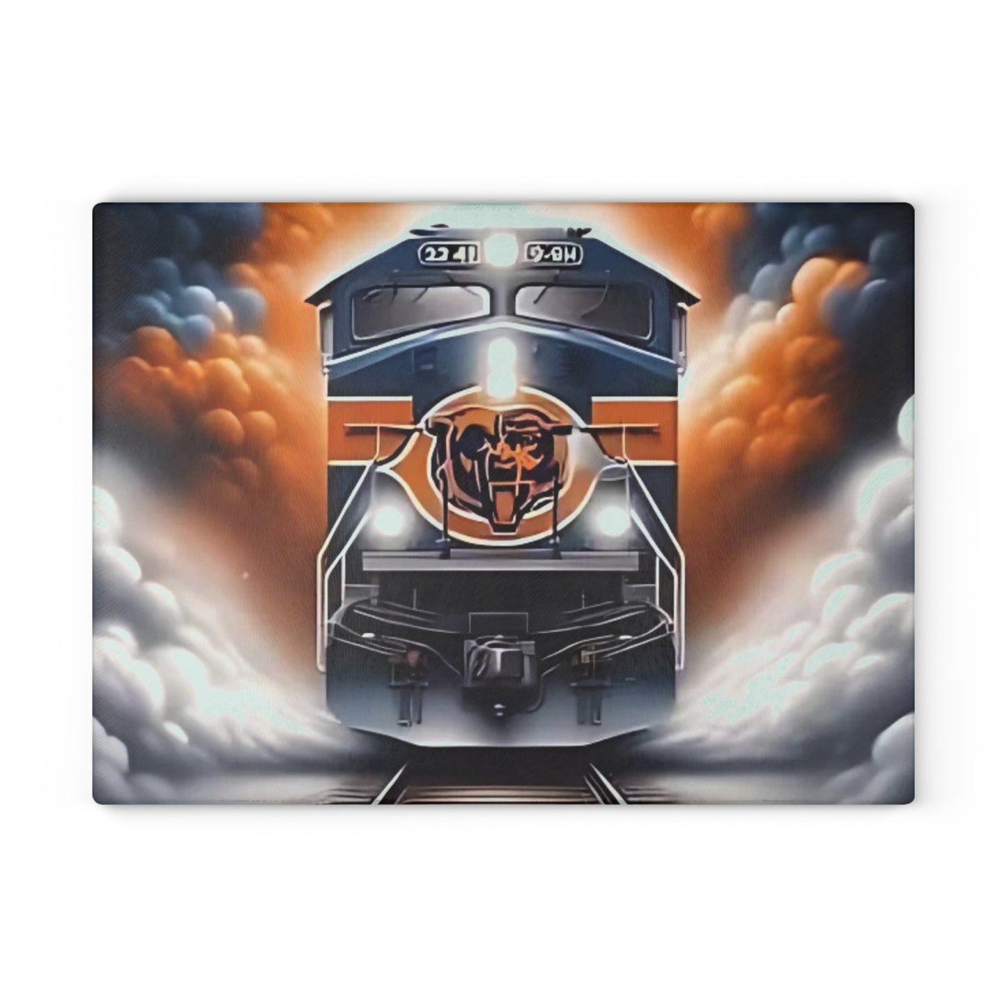 Navy & Orange Express Glass Cutting Board – Striking Train Art for Bold Kitchens