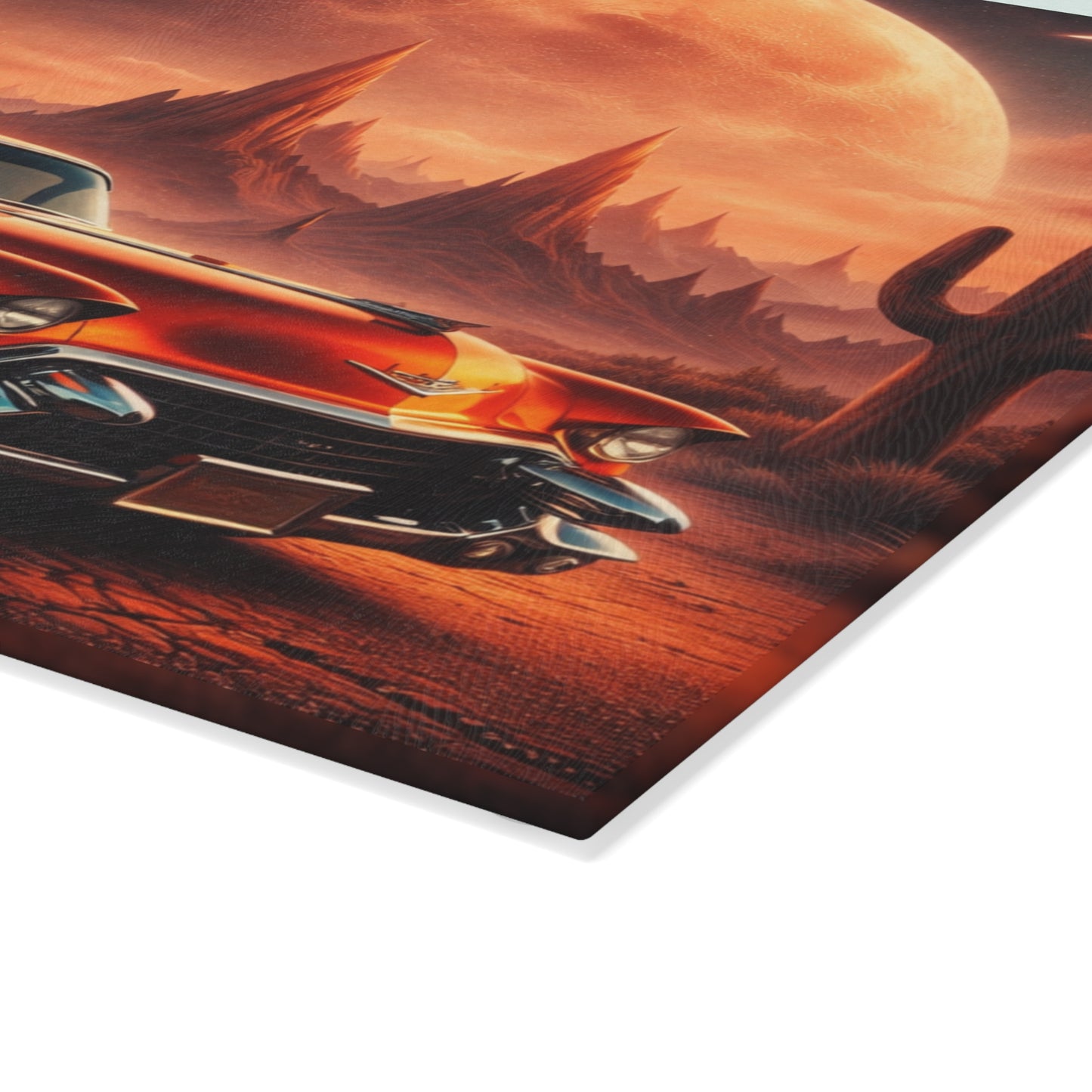 Inferno Desert Drive Glass Cutting Board – Flaming Classic Car Under Cosmic Desert Moon