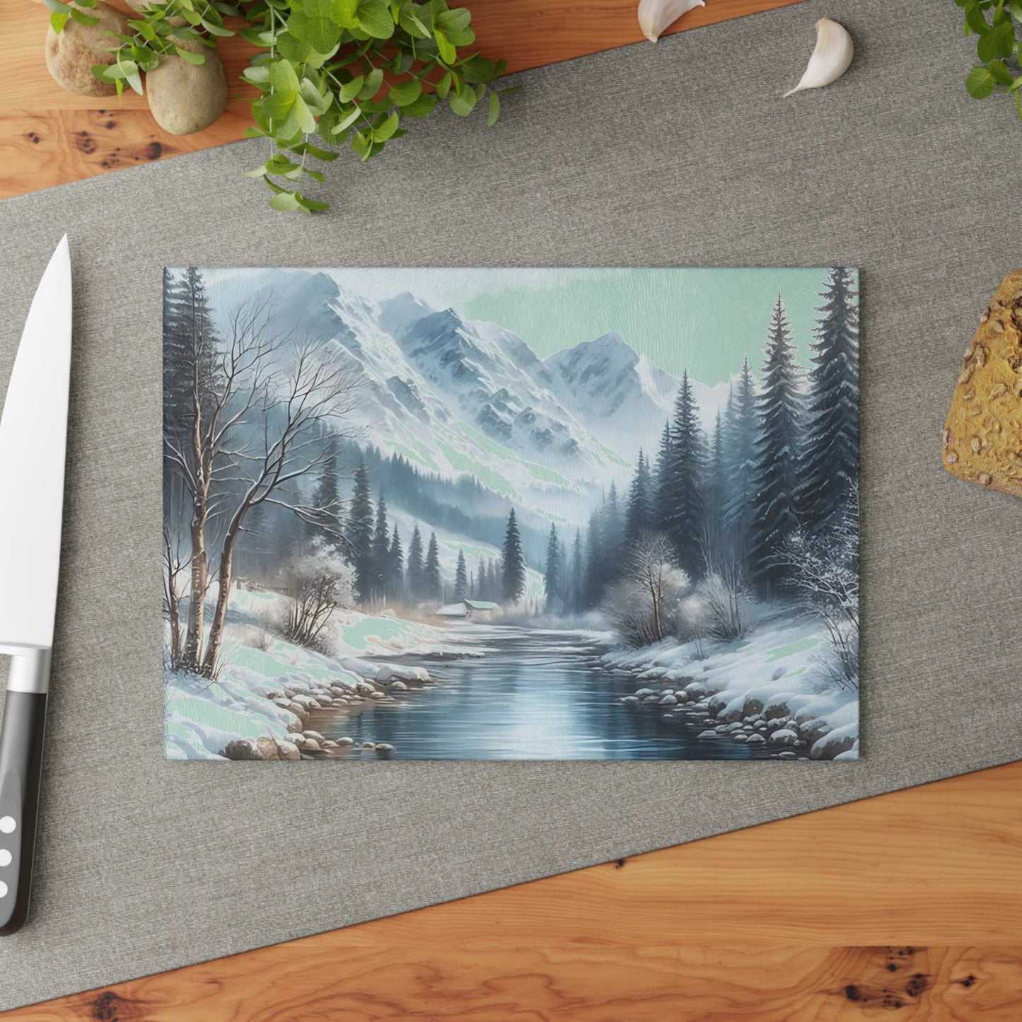 🏔️ Snowy Mountain River Cutting Board – Winter Tranquility for Your Kitchen ❄️