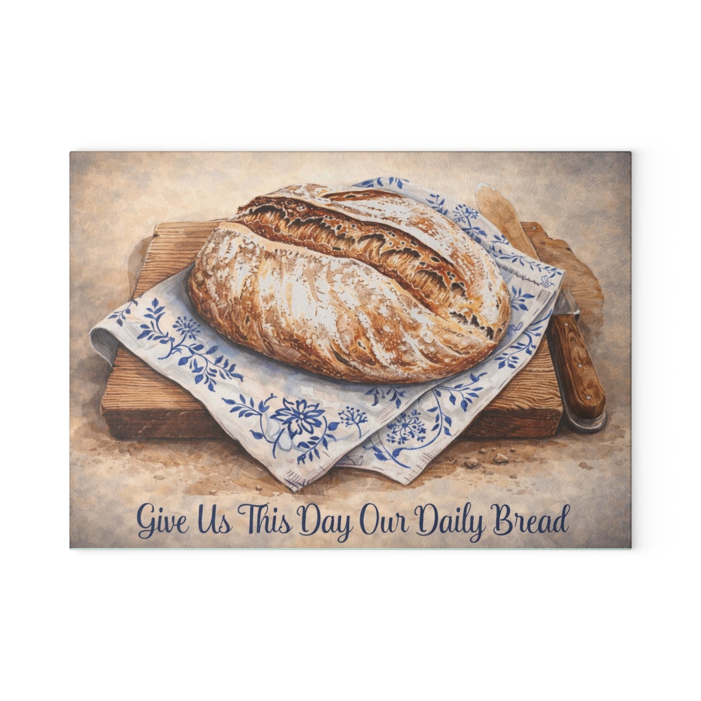 Give Us This Day Glass Cutting Board – Rustic Bread Artwork with Faith-Inspired Message