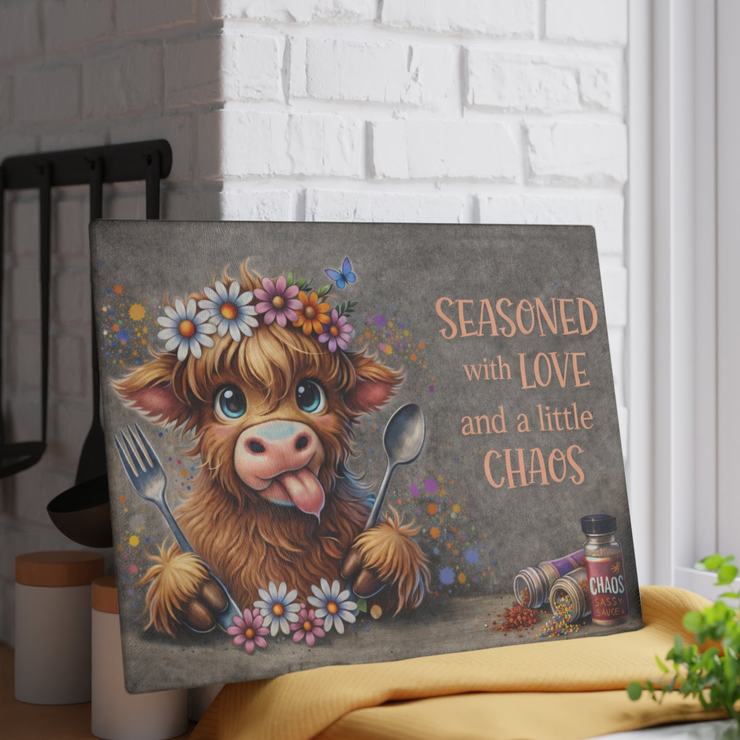 Seasoned With Love and a Little Chaos Glass Cutting Board