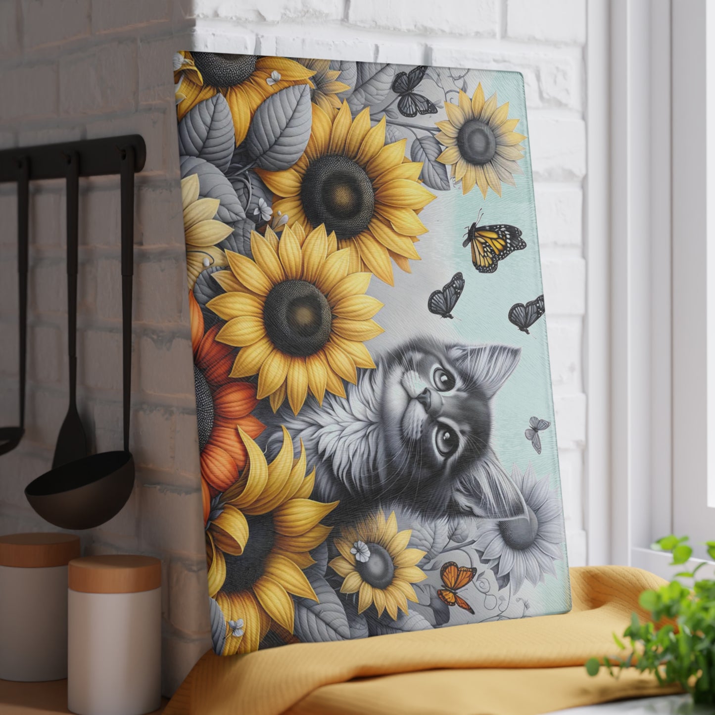 🐾🌻 Kitten & Sunflowers Cutting Board – Whimsical Rustic Farmhouse Charm with Butterflies ✨🐈🦋