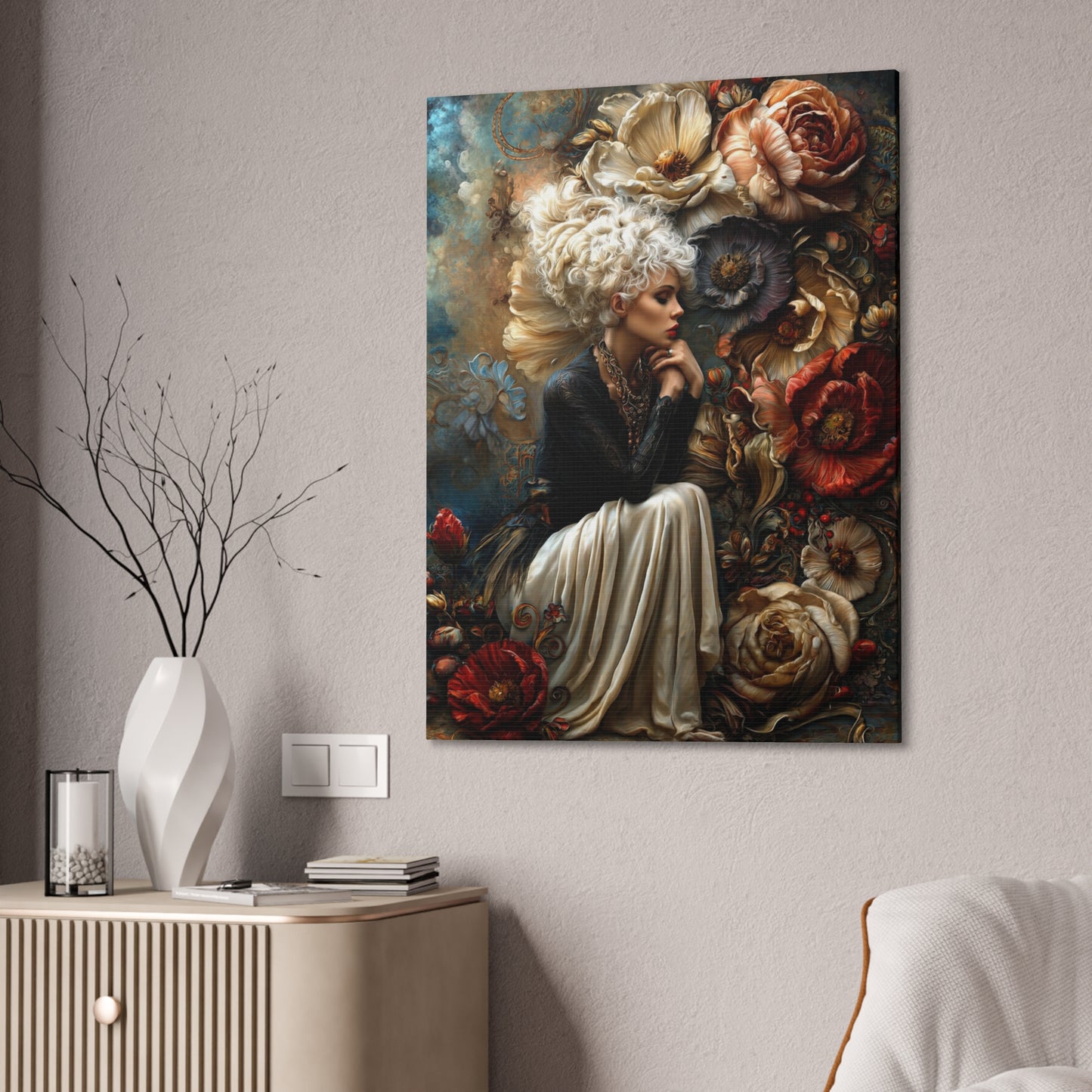 Elegant Floral Portrait Canvas – Vintage-Inspired Wall Art