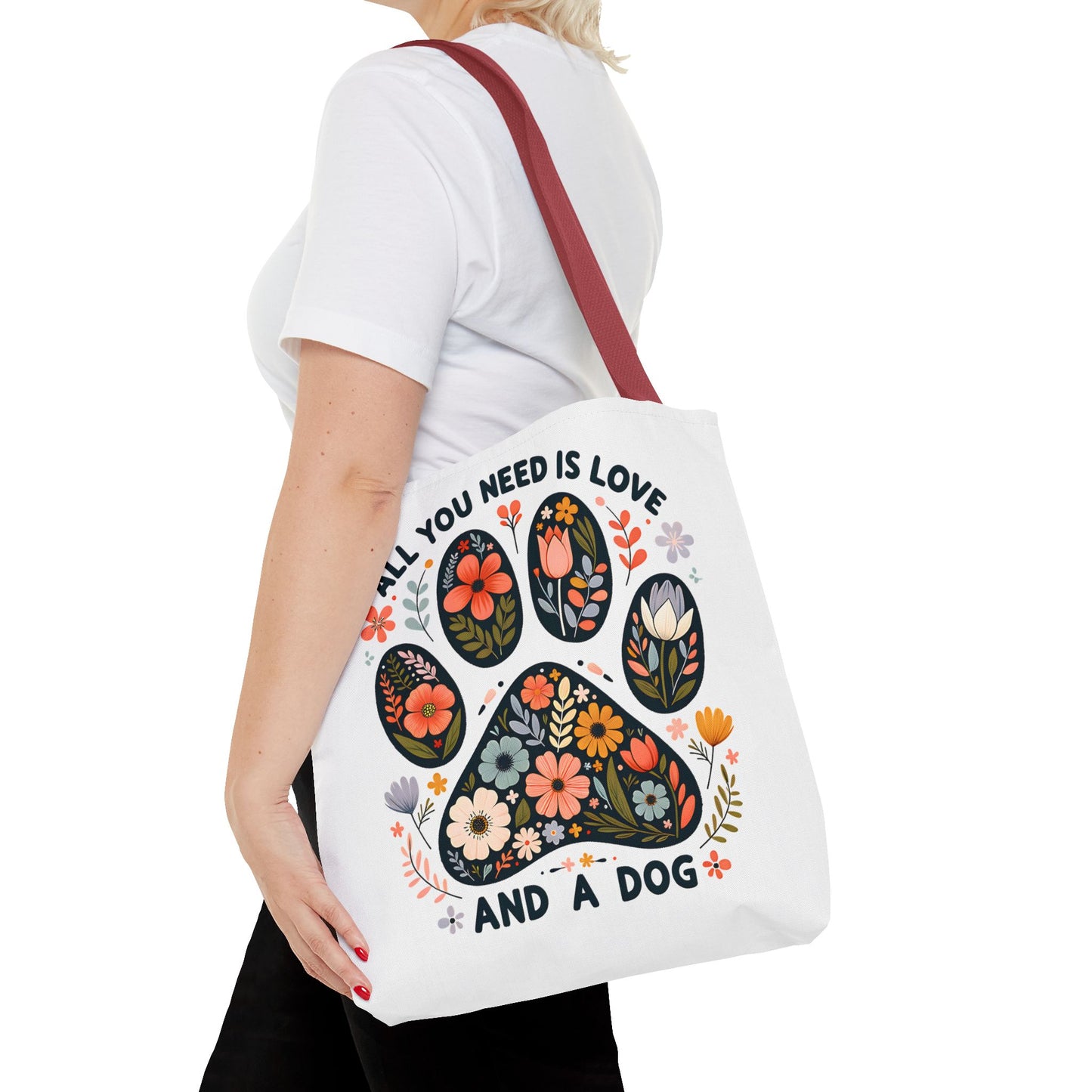 🐾 All You Need is Love and a Dog Tote Bag – Floral Paw Print Perfection 🌸