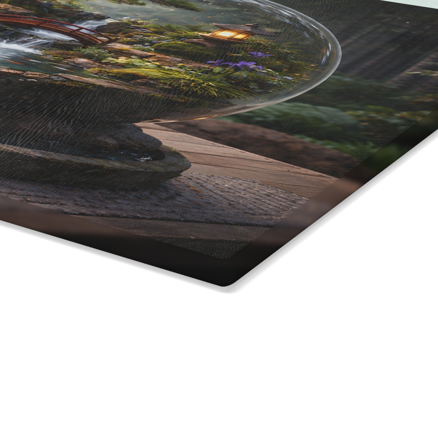 Zen Garden Waterfall Globe Glass Cutting Board – Tranquil Japanese-Inspired Nature Art