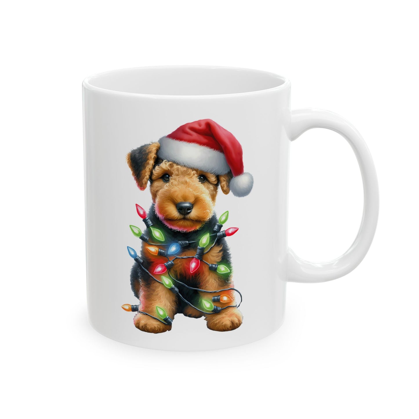 🎄 Airedale Terrier Christmas Mug – Jolly Pup with Santa Hat & Twinkling Lights 🎁