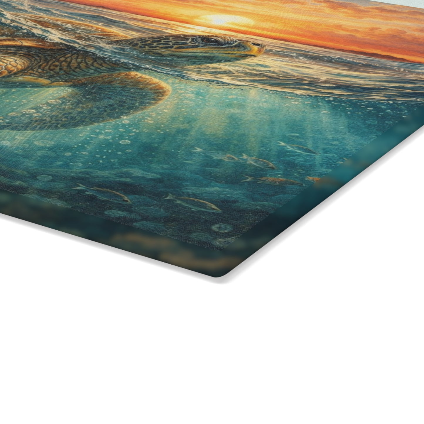 Sea Turtle Sunset Glass Cutting Board – Coastal Ocean Wildlife Kitchen Decor