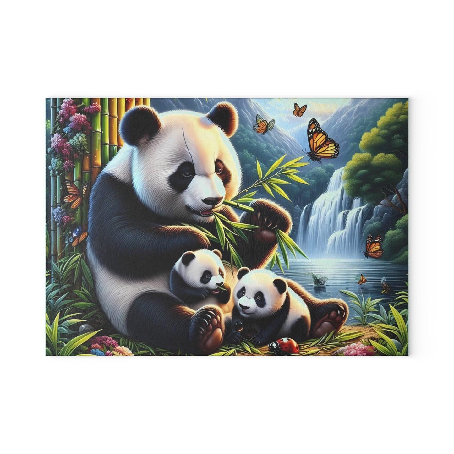 Tabla de cortar con cascada y familia de pandas: una escena natural y caprichosa para tu cocina