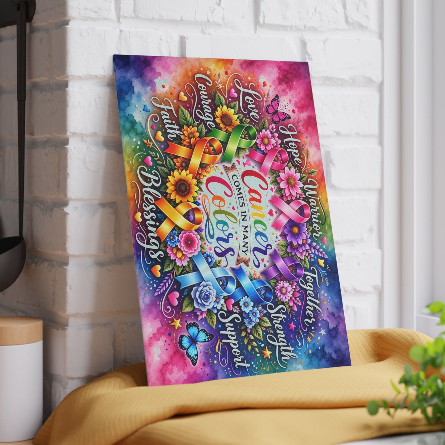 Cancer Comes in Many Colors Glass Cutting Board – Awareness Ribbon Floral Artwork