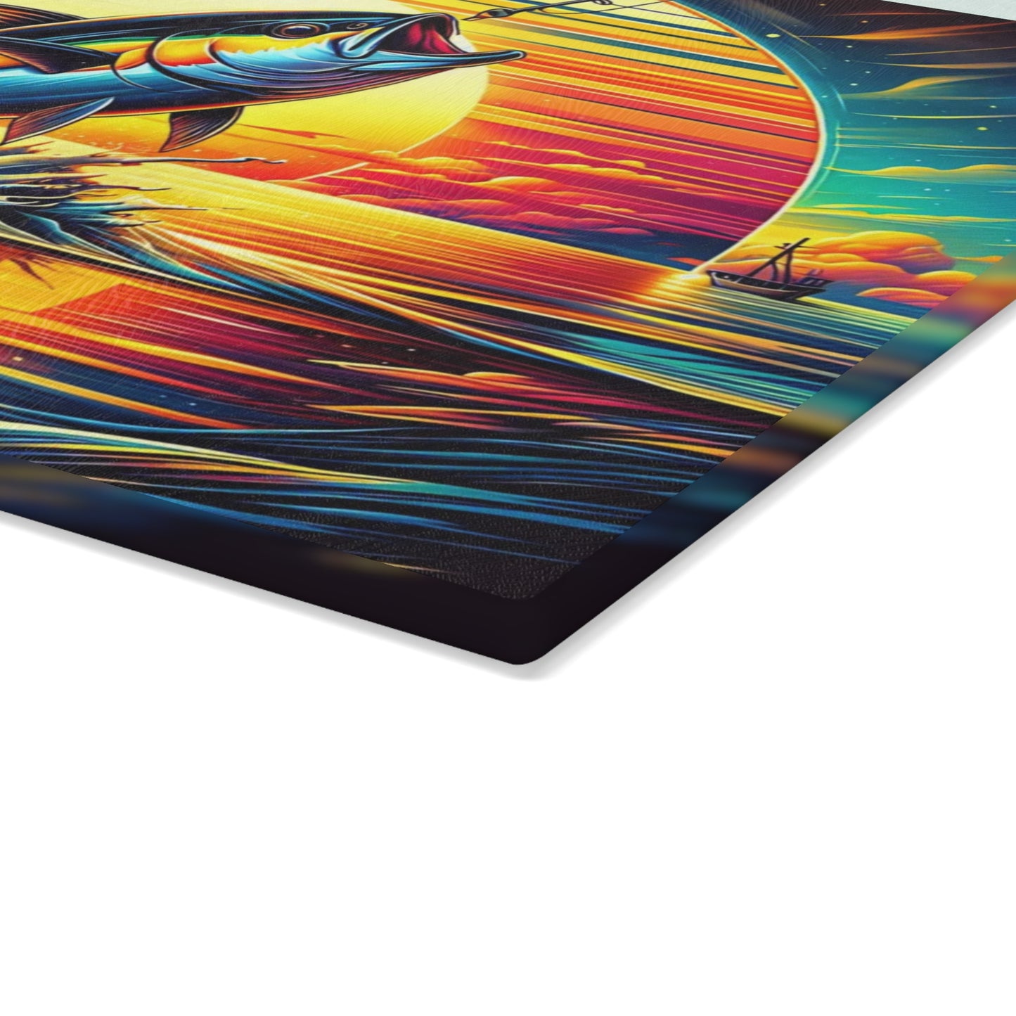 Vibrant Fishing Sunset Glass Cutting Board – Coastal Angler Kitchen Art