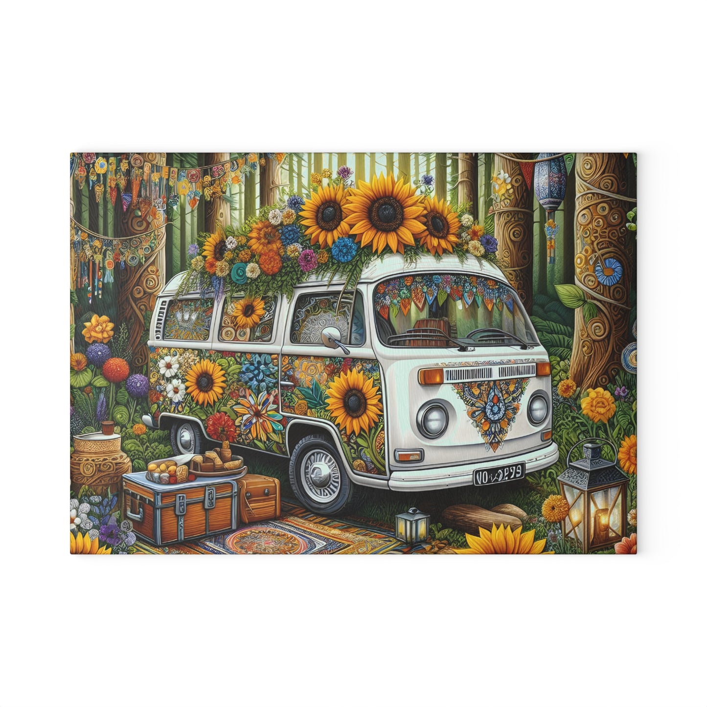 🌻 Boho Sunflower Van Cutting Board – Retro Vibes for Your Kitchen 🌼