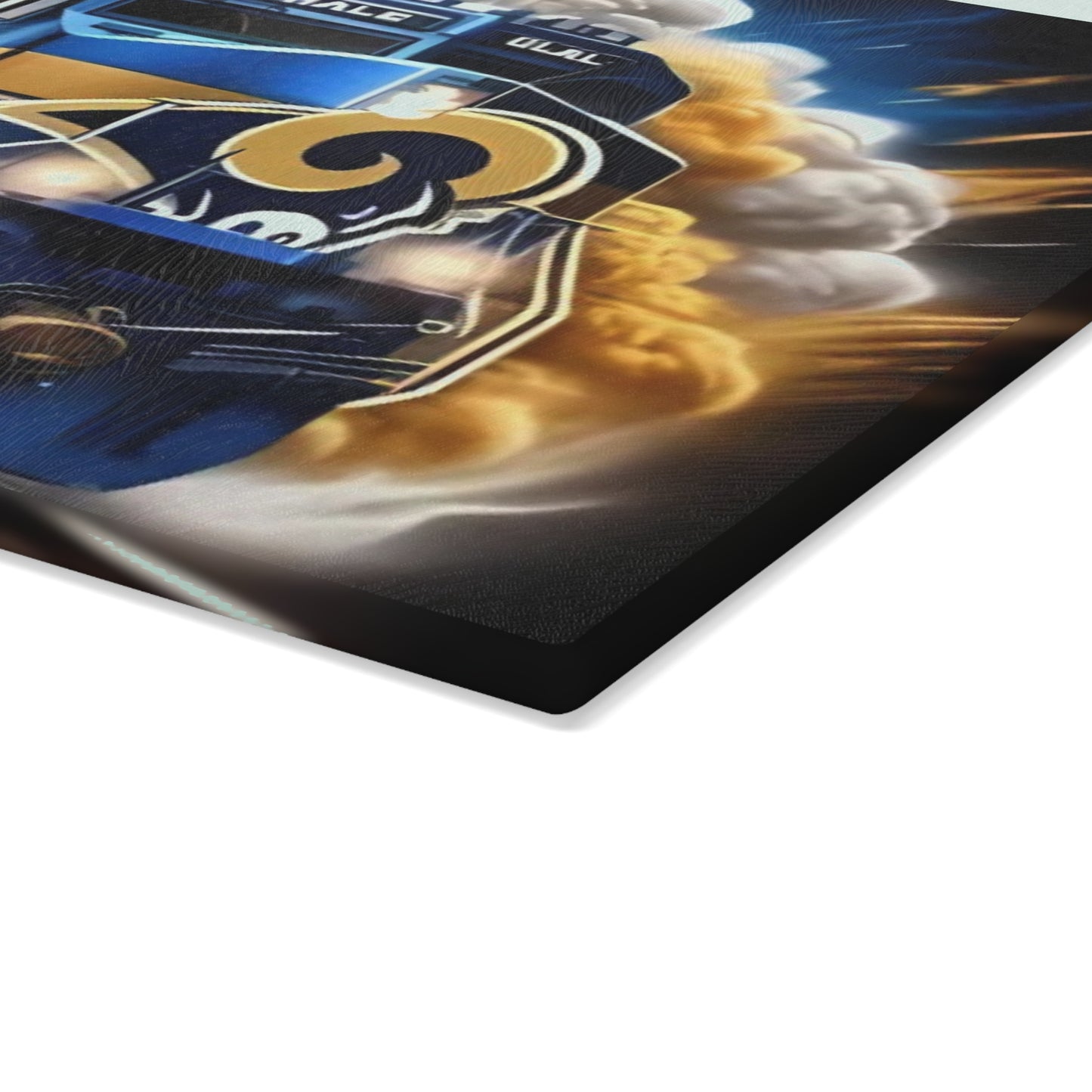 Royal Blue & Yellow Express Glass Cutting Board – High-Energy Train Art for Bright, Bold Kitchens