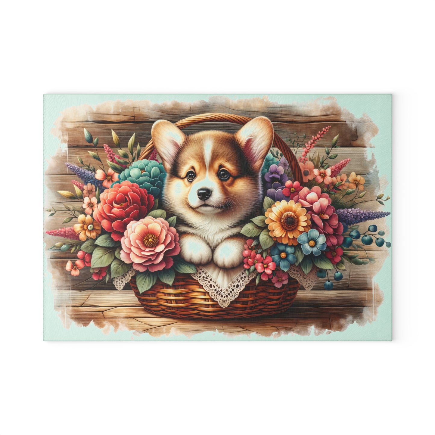 🐶🌸 Corgi in Basket Cutting Board – Sweet Charm Meets Rustic Elegance 🌼