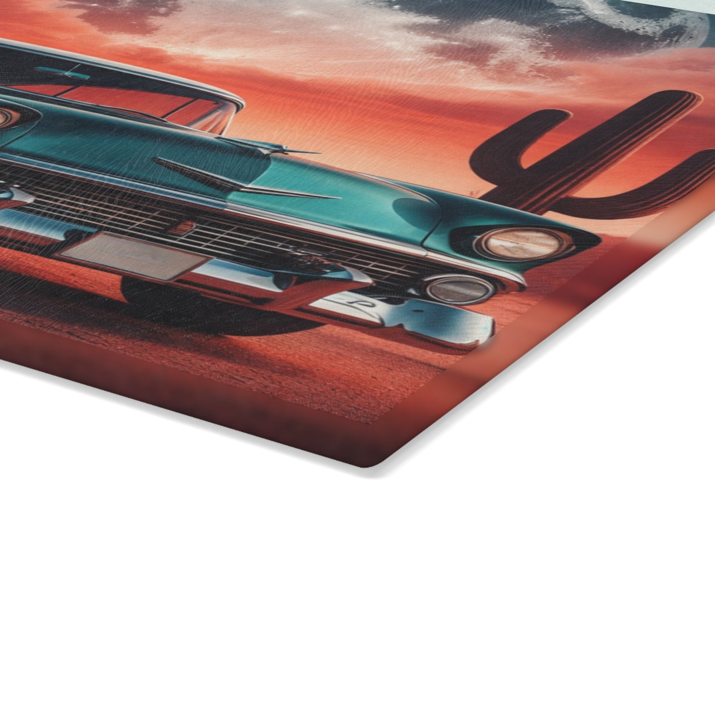 Vintage Desert Drive Glass Cutting Board – Retro Car Artwork with Southwestern Sunset