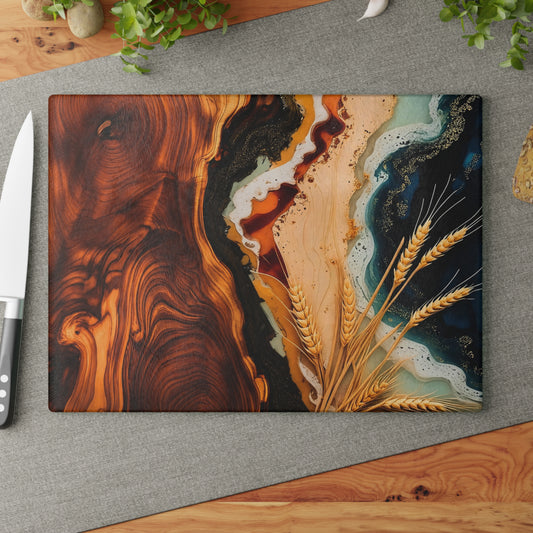 Personalized Wood & Resin Style Glass Cutting Board (Faux Wood & Epoxy Design – Tempered Glass)