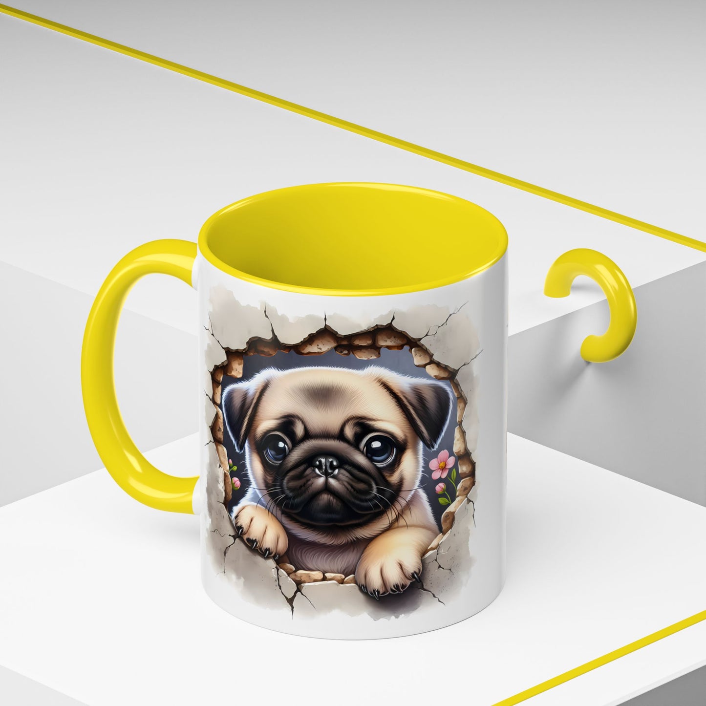 🐾💛 Pug Puppy Accent Mug – Cute Wrinkly Pug Coffee Cup ☕✨
