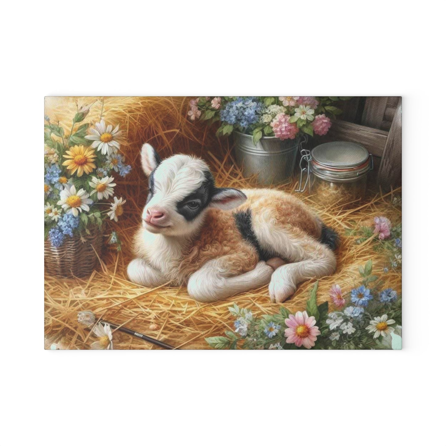 🐐🌸 Baby Goat in the Hayloft Glass Cutting Board – Rustic Farm Charm for Your Kitchen 🌾