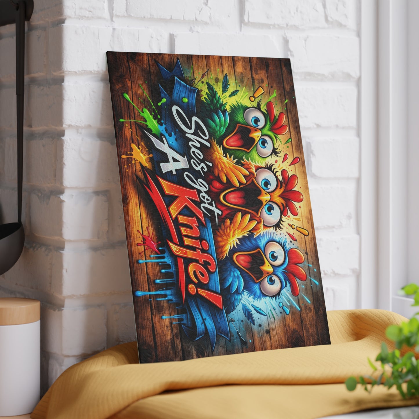 She’s Got a Knife! Glass Cutting Board – Hilarious Chicken Cartoon Kitchen Humor