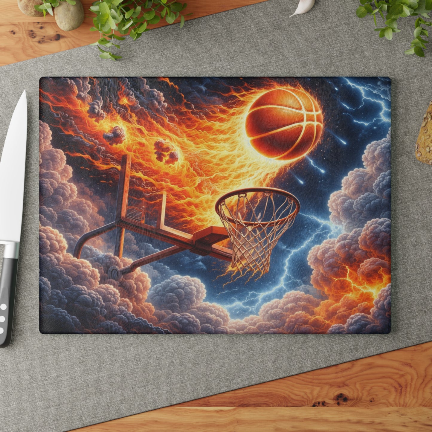 Fiery Basketball Slam Glass Cutting Board – High-Energy Sports Art for Your Kitchen