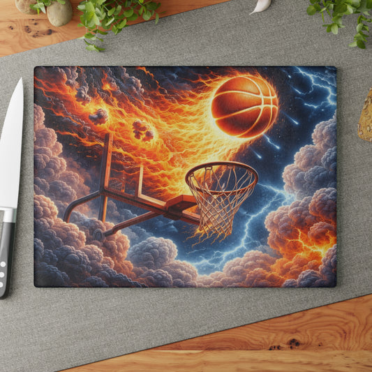 Fiery Basketball Slam Glass Cutting Board – High-Energy Sports Art for Your Kitchen