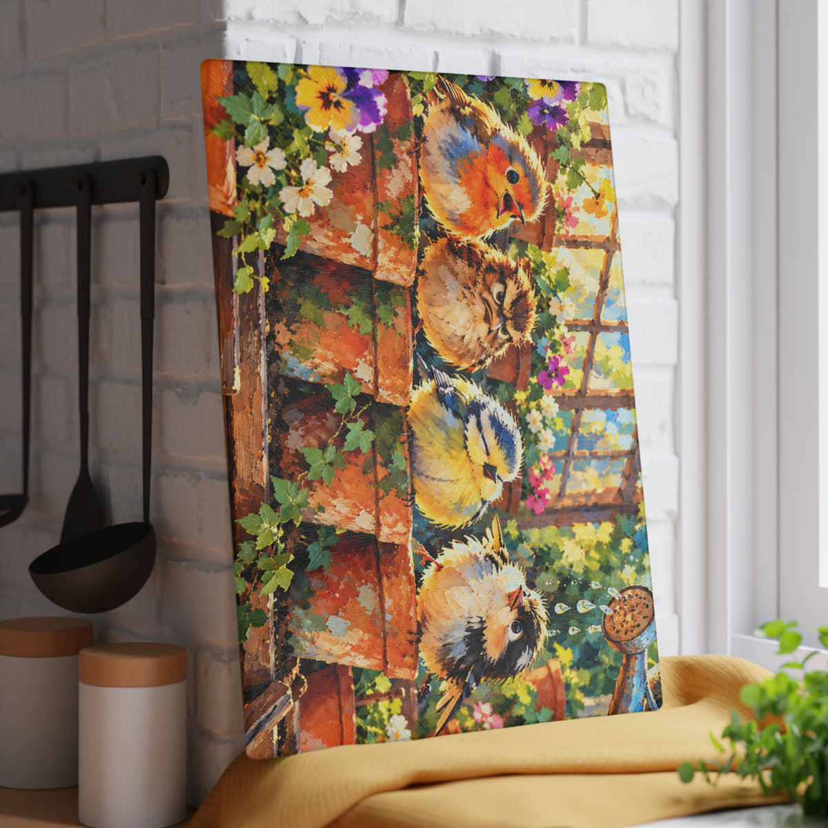 Four Funny Garden Birds – Colorful Painted Tempered Glass Cutting Board – Whimsical Bird and Flower Kitchen Decor