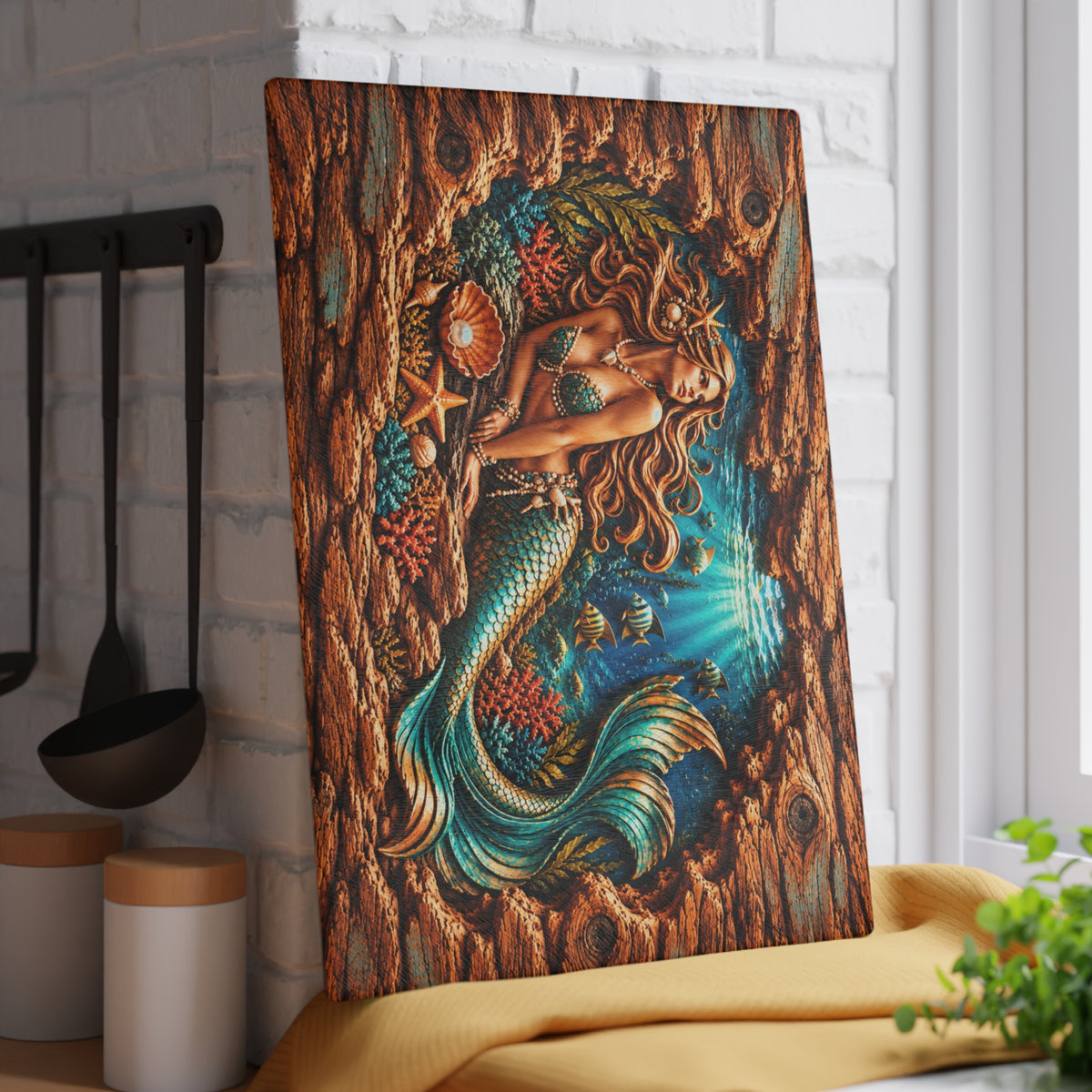 Enchanted Mermaid Glass Cutting Board – Turquoise Tail, Ocean Coral & Rustic 3D Wood Look