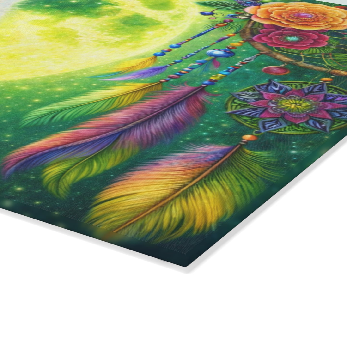Moonlit Spirit Wolf Glass Cutting Board – Colorful Dreamcatcher Wildlife Kitchen Art