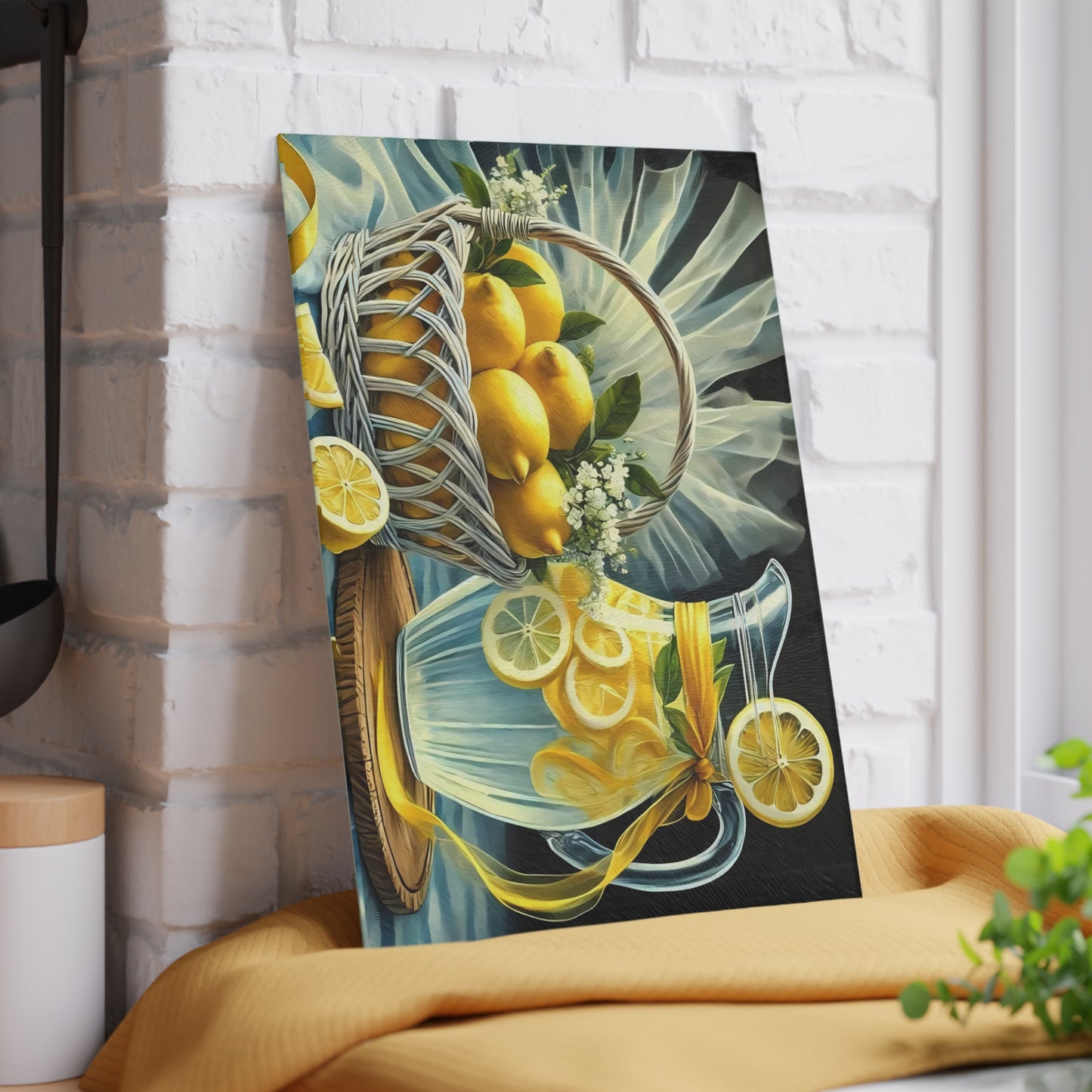 Tabla de cortar de limón, decoración de cocina cítrica, estilo rústico de granja, tabla de cortar de vidrio, decoración de cocina de verano, diseño de limón fresco, idea de regalo