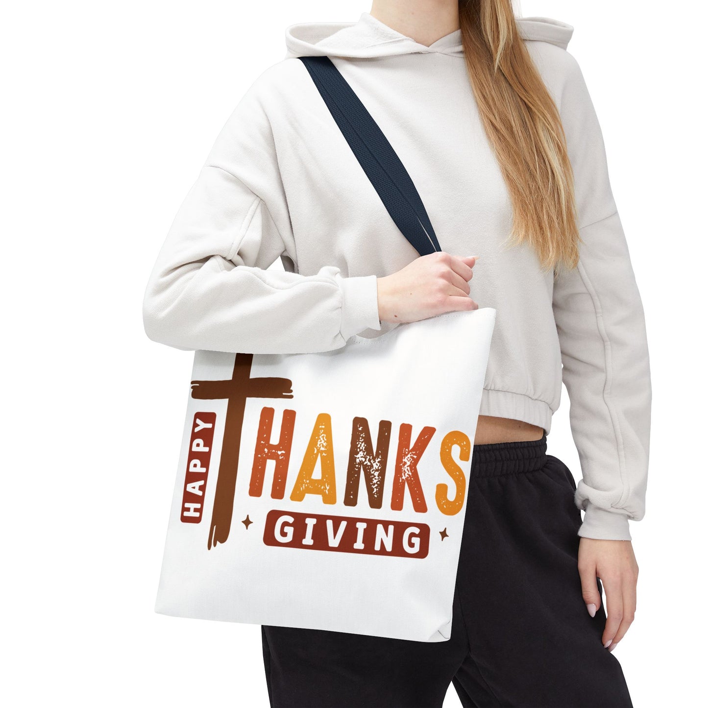 ✝️ Happy Thanksgiving Cross Tote – Faith & Gratitude in Fall Colors 🍂