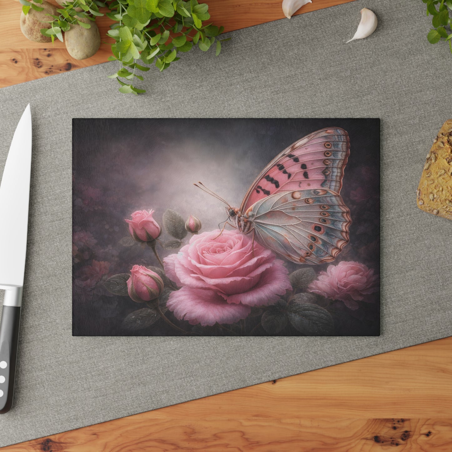Blush Butterfly & Rose Glass Cutting Board – Elegant Floral Butterfly Kitchen Art