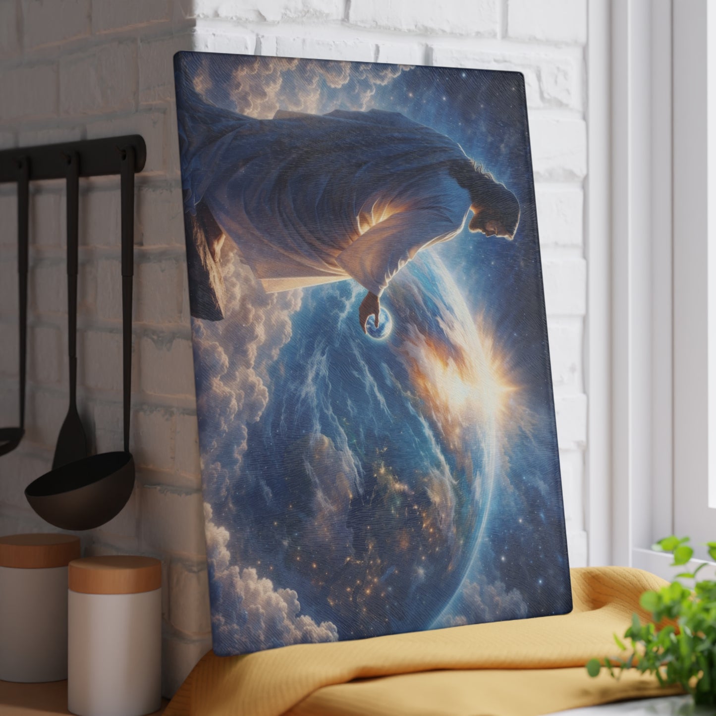 King of Creation Glass Cutting Board – Faith-Inspired Artwork Holding the World