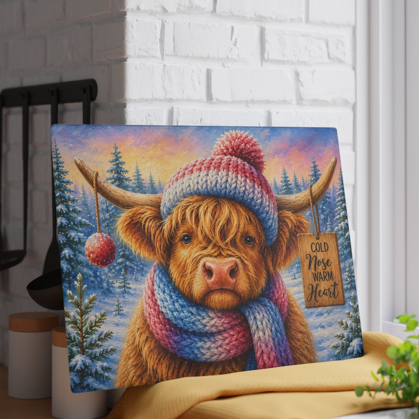 Cold Nose Warm Heart Highland Cow Glass Cutting Board – Cozy Winter Cow Kitchen Decor