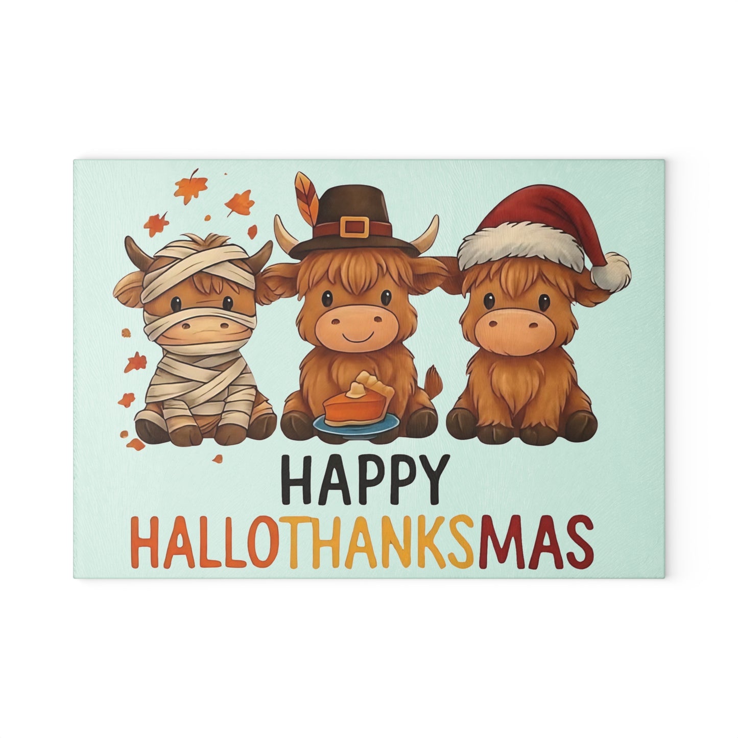 🎃🦃🎄 Happy Hallothanksmas Highland Cow Cutting Board – Festive Multi-Holiday Kitchen Décor 🍁🥧✨
