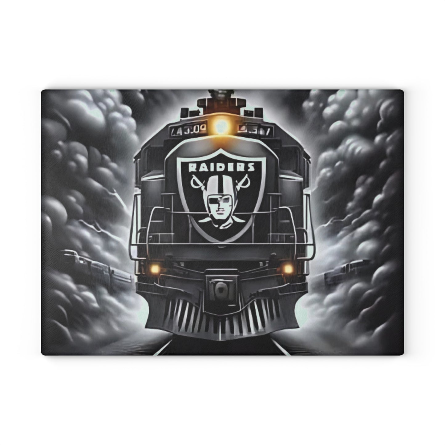 Silver & Black Express Glass Cutting Board – Sleek Train Art for Bold, Modern Kitchens