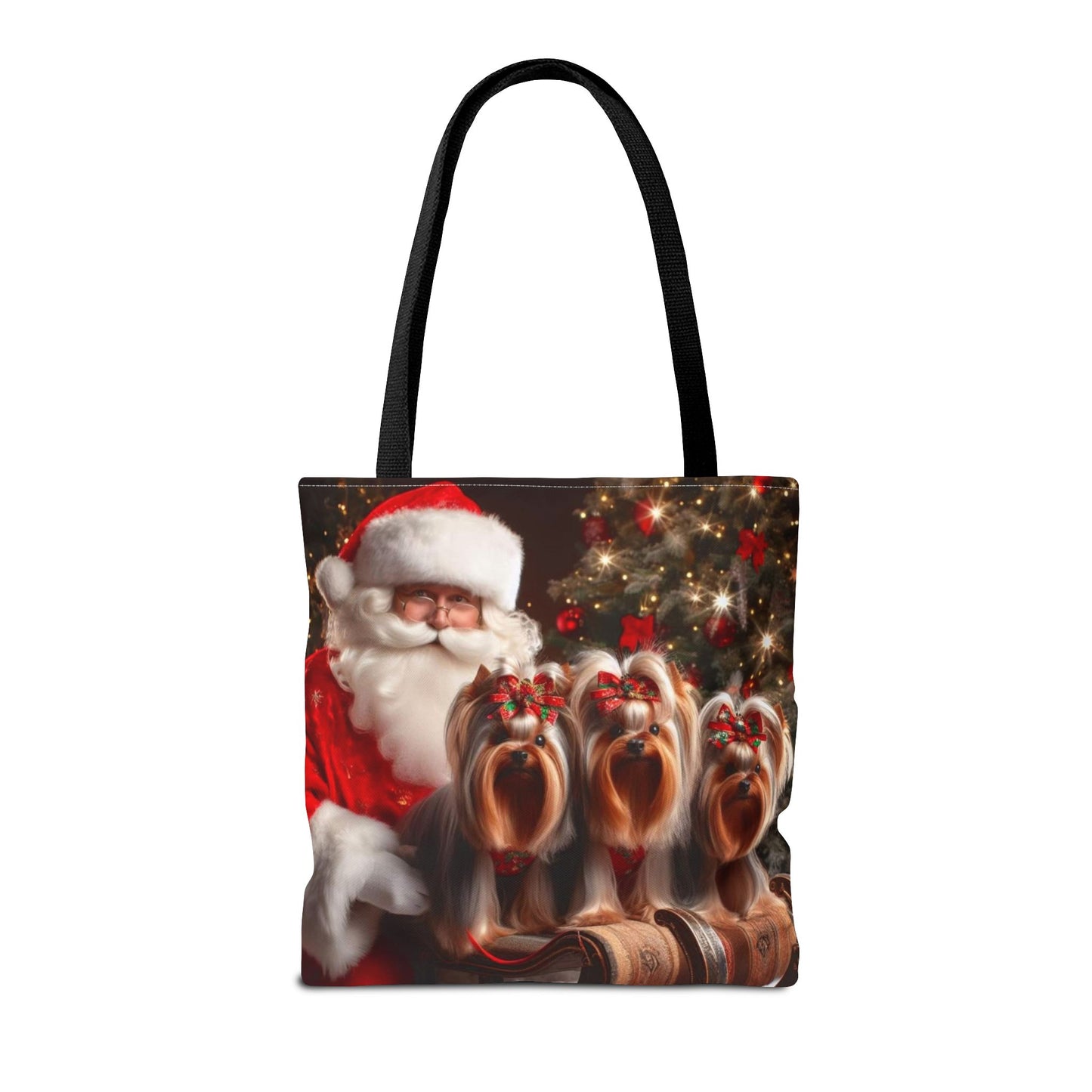 🎅 Santa & Yorkies Christmas Tote Bag – Holiday Cheer with a Furry Twist 🎄
