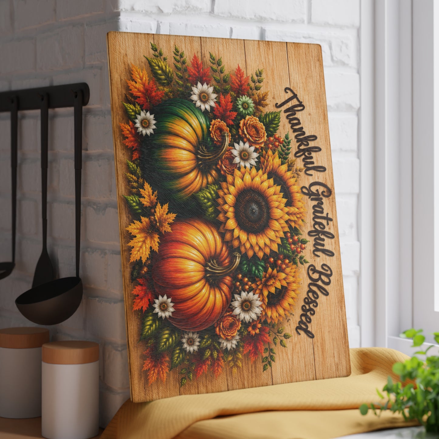 Thankful Grateful Blessed Sunflower & Pumpkin Glass Cutting Board – Fall Autumn Kitchen Decor