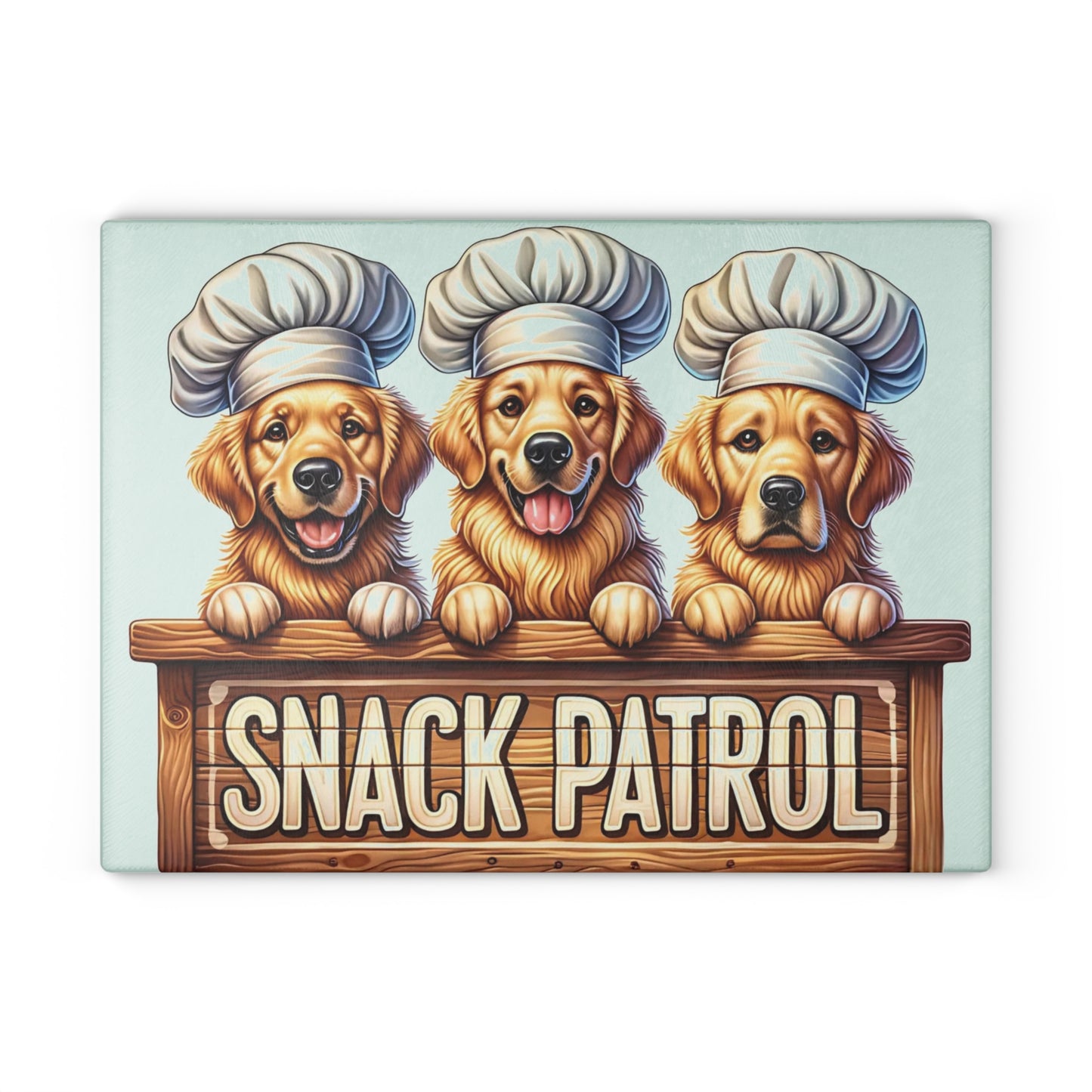 🐶🍪 “Snack Patrol” Glass Cutting Board – Golden Retrievers on Duty