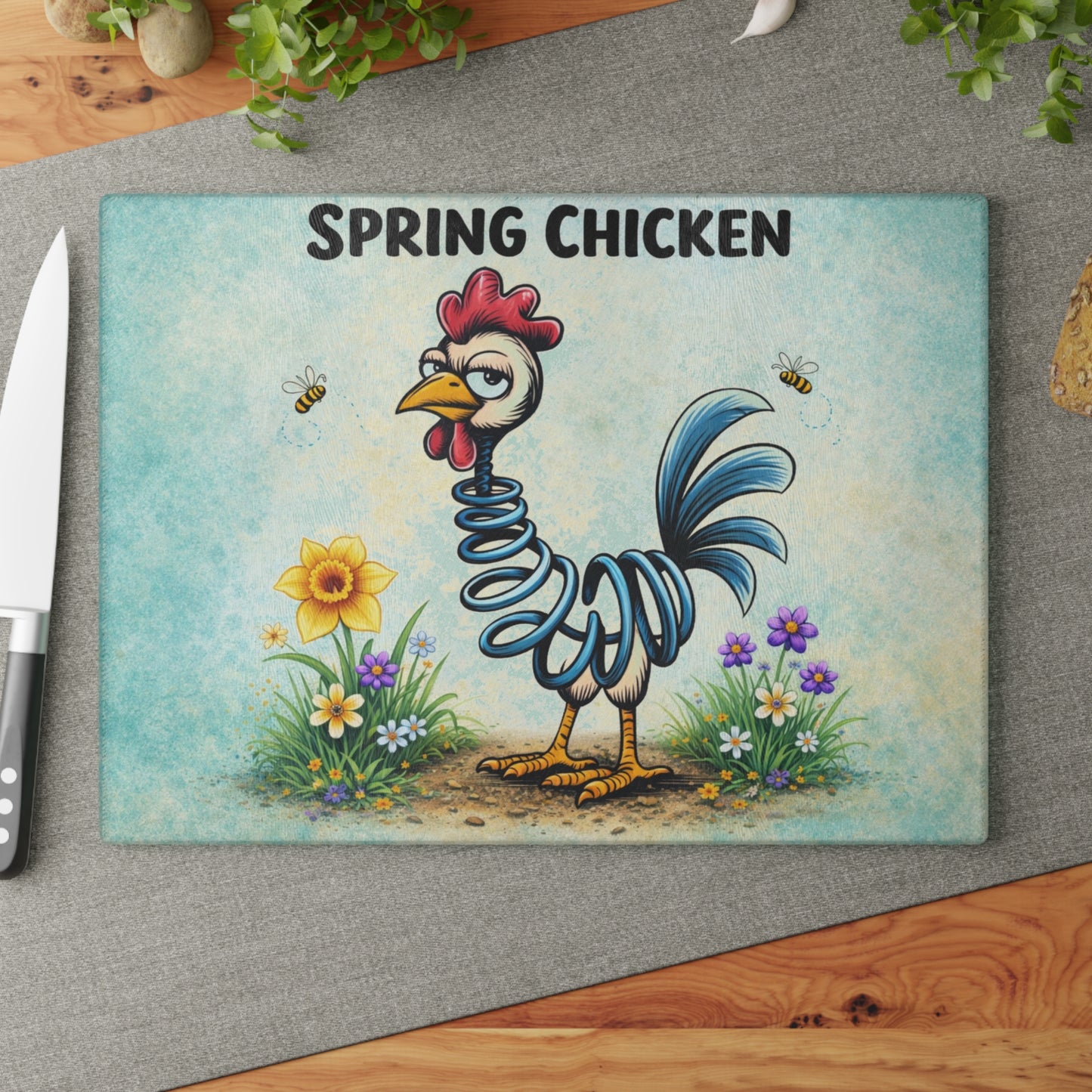 Spring Chicken Glass Cutting Board – Whimsical Chicken Artwork with Playful Spring Humor