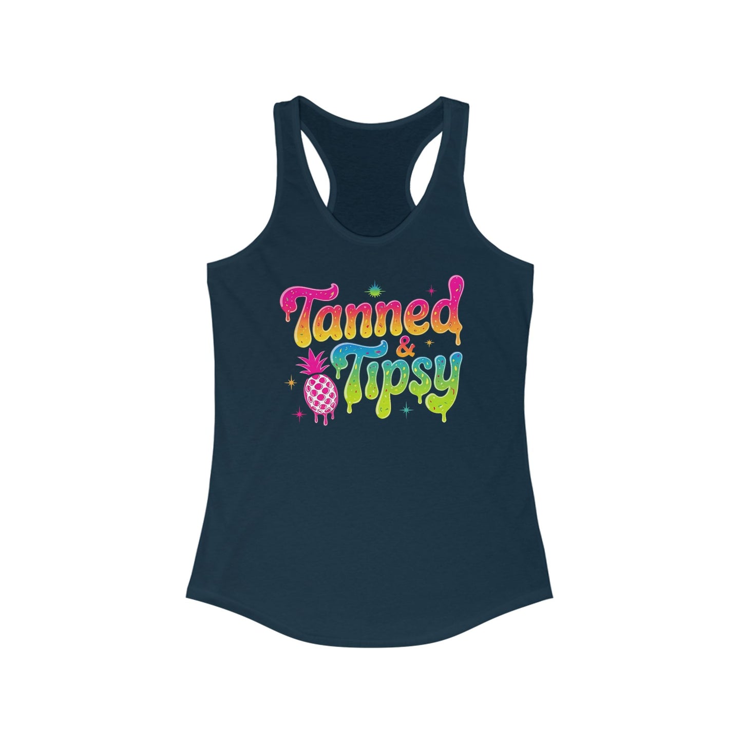 Camiseta de tirantes Tanned and Tipsy con espalda nadadora – Divertido estampado de piña veraniego | Camiseta de tirantes playera para mujer