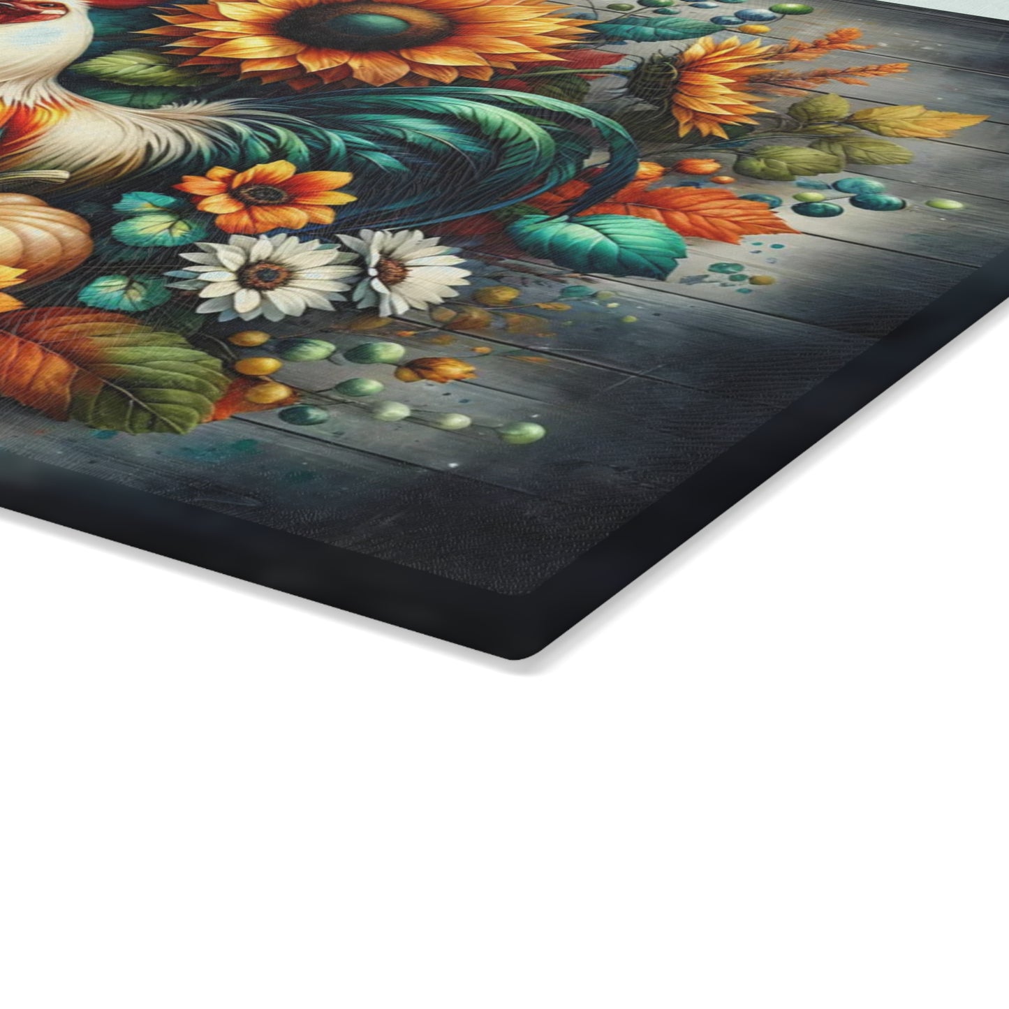 🐓🌻 “Harvest Rooster & Sunflowers” Glass Cutting Board – Cozy Autumn Charm for Your Kitchen