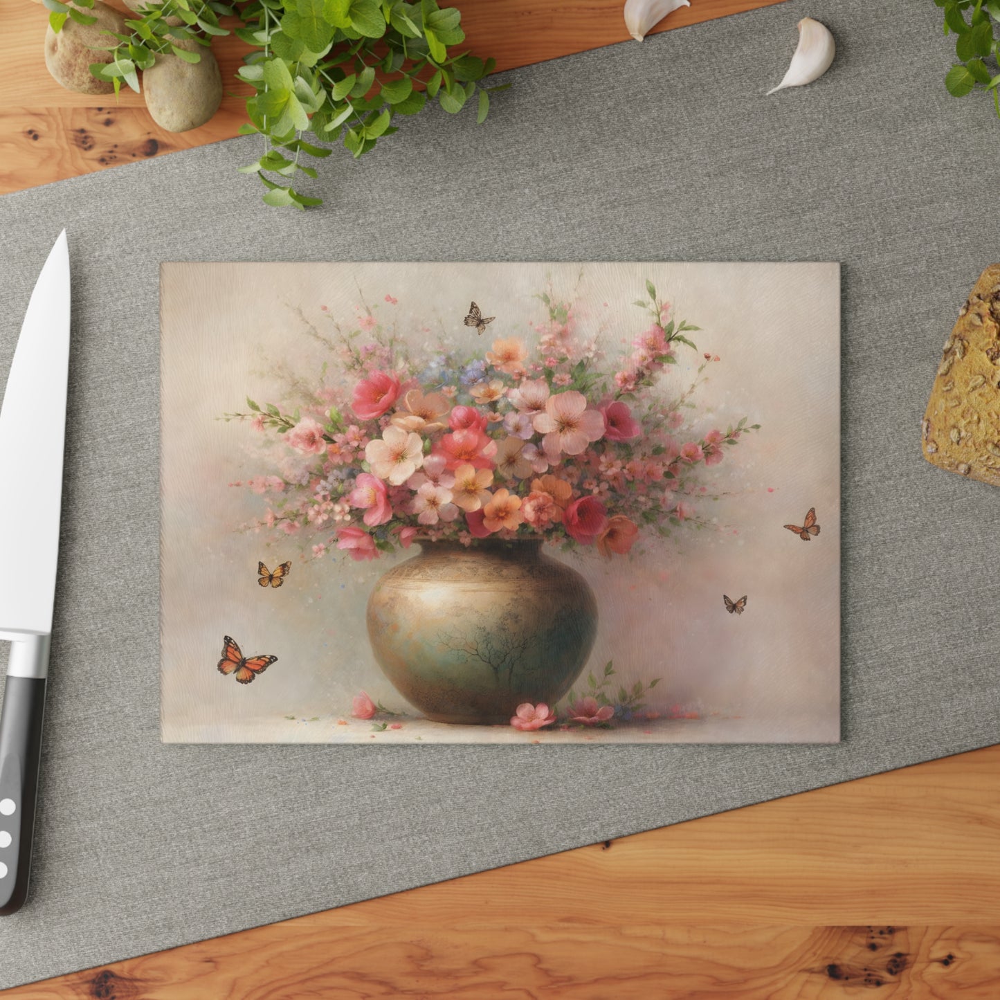 Blossoming Floral Vase with Butterflies Glass Cutting Board – Elegant Botanical Kitchen Art