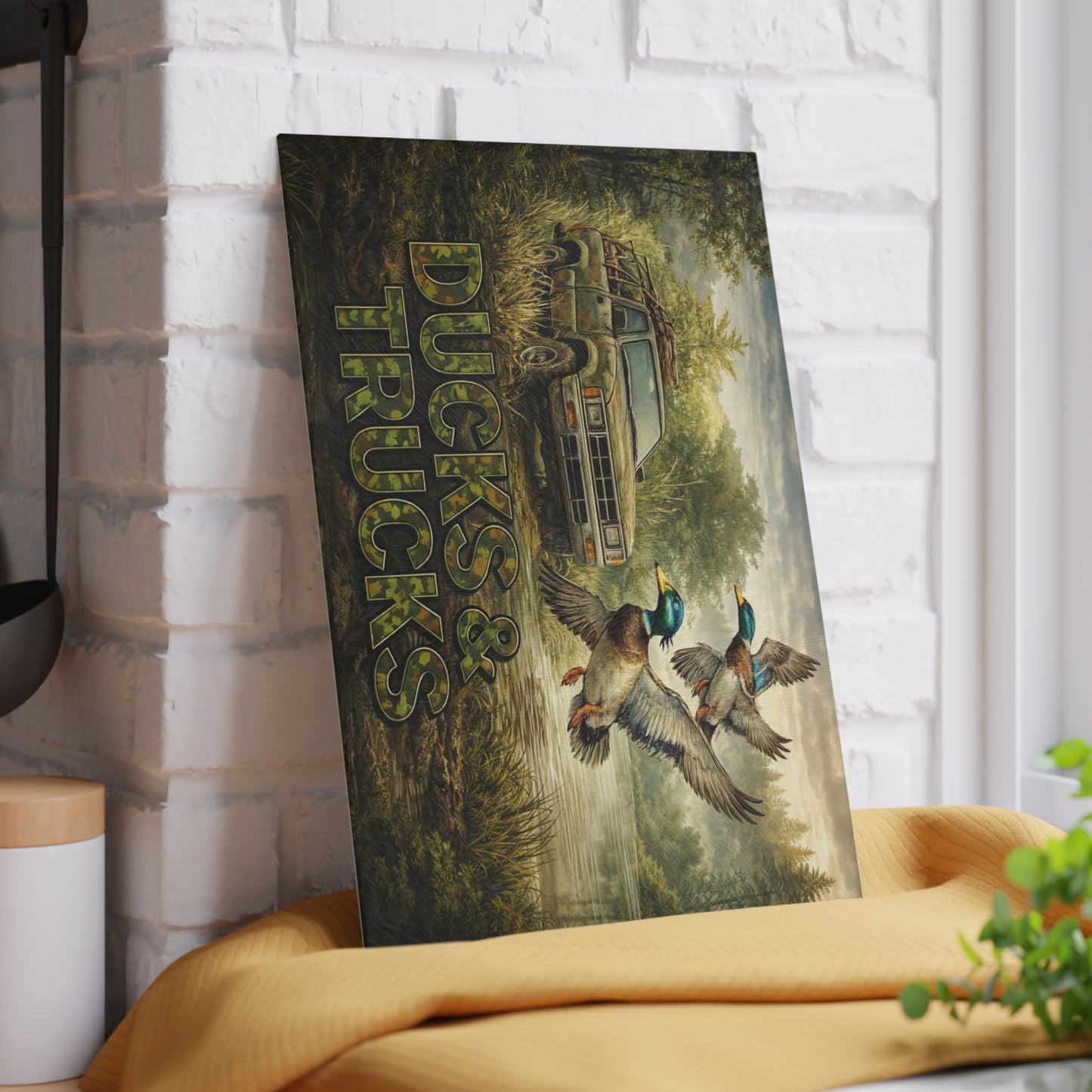 Ducks & Trucks Glass Cutting Board – Rustic Hunting Scene Kitchen Art & Display Board