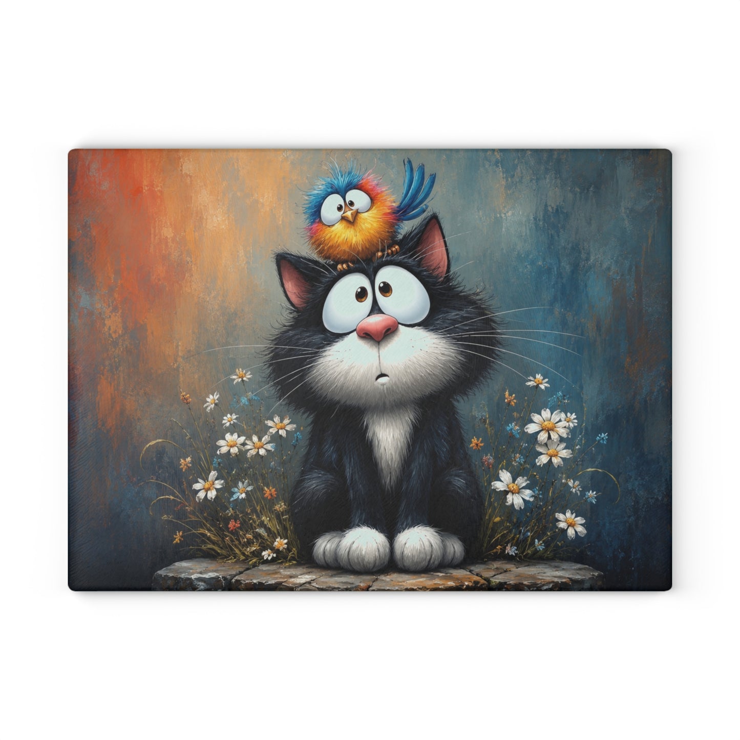 Funny Cat & Bird Glass Cutting Board – Whimsical Cartoon Cat Kitchen Decor, Cute Animal Lover Gift