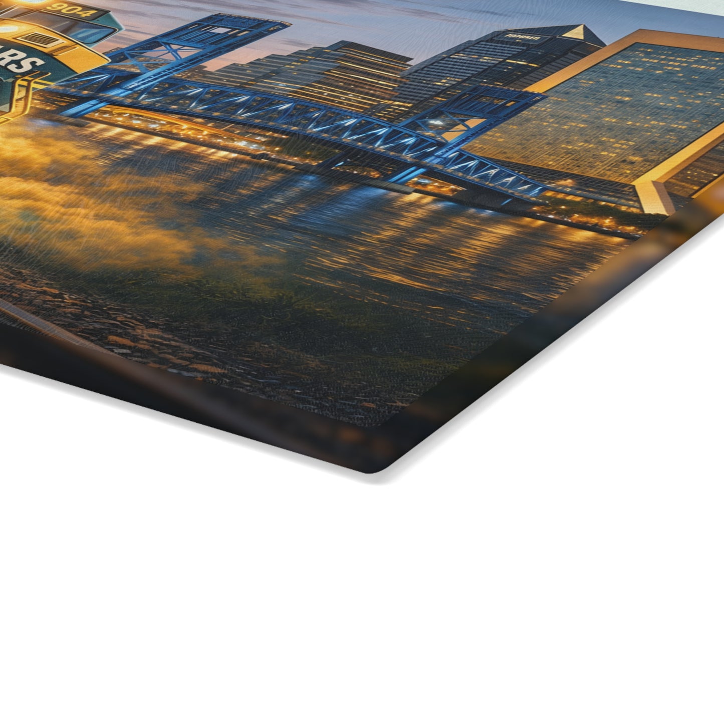 Teal & Gold Power Express Glass Cutting Board – Bold Train Art Kitchen Display