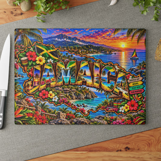 Jamaica Glass Cutting Board – Tropical Island Map, Jamaican Flag, Waterfalls, Palm Trees & Caribbean Sunset Kitchen Déco