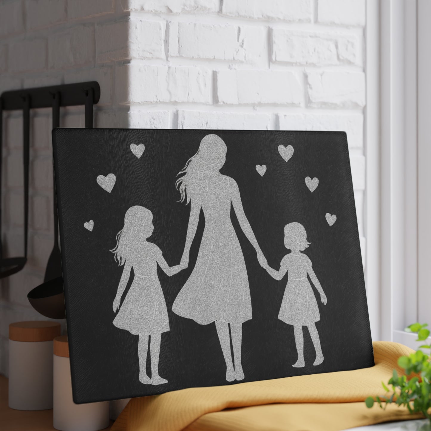 👩‍👧‍👧✨ Motherhood Silhouette Cutting Board – Heartfelt Love for Your Kitchen 💖🌸