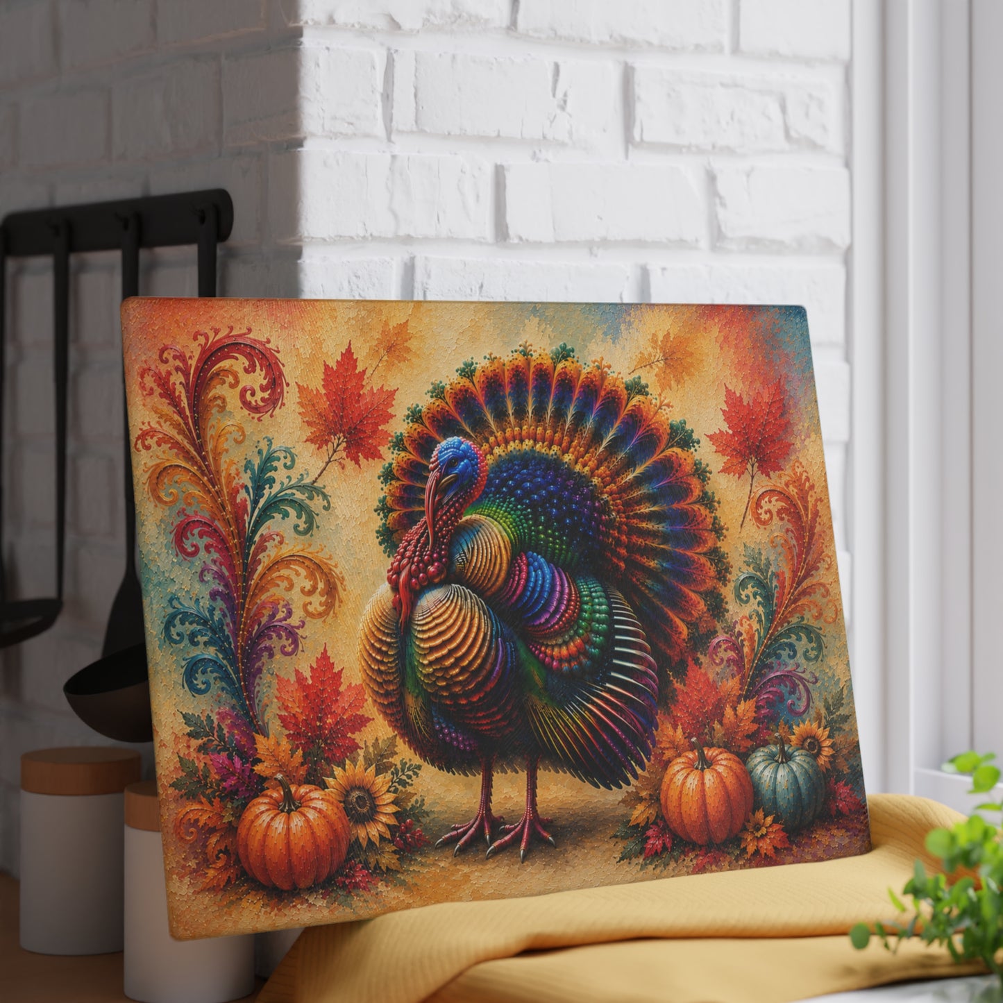 Colorful Thanksgiving Turkey Glass Cutting Board – Vibrant Autumn Pumpkin & Sunflower Kitchen Decor