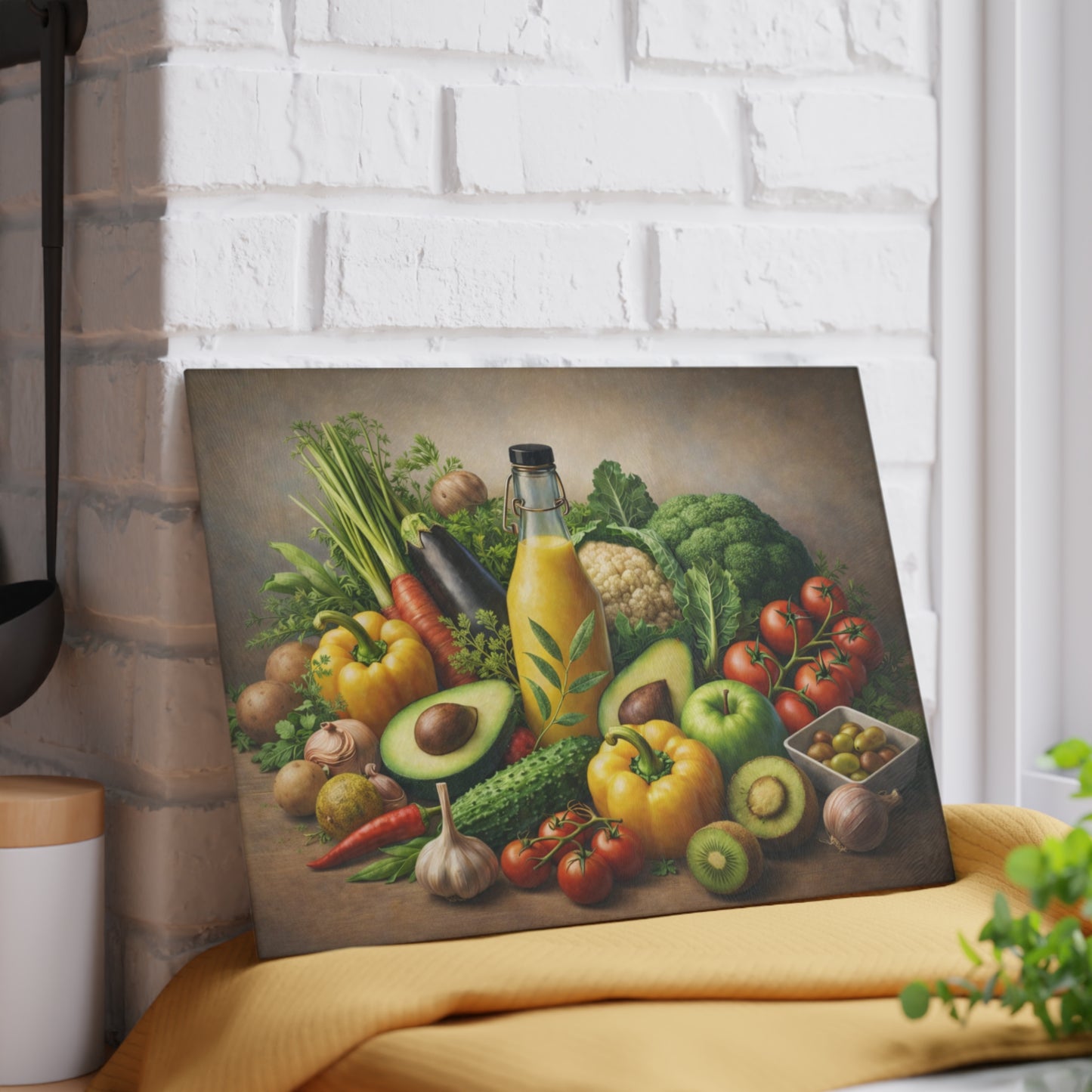 Garden Harvest Still Life Glass Cutting Board – Rustic Vegetable & Fresh Produce Kitchen Art