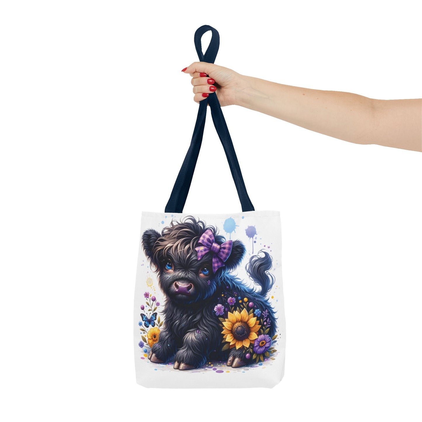 💜 Purple Bow Black Highland Calf Tote Bag – Country Charm with a Pop of Color 🐮👜