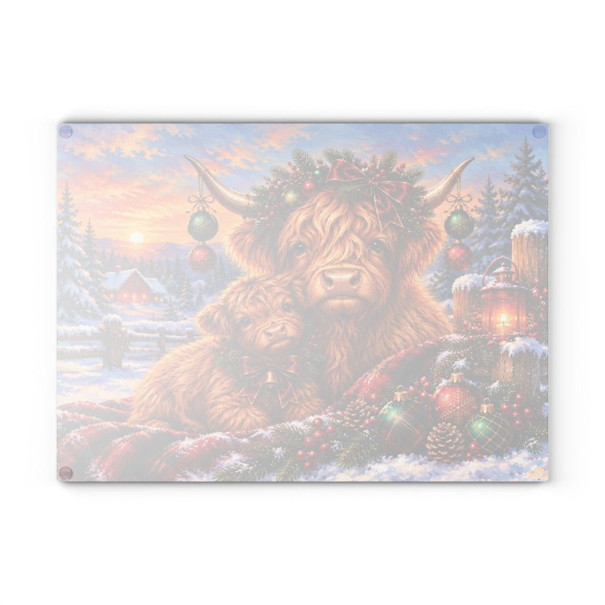 Christmas Highland Cow and Baby Calf Tempered Glass Cutting Board – Festive Farmhouse Winter Art – 11 × 15 Inches